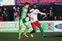 Connor Dimaio of Stockport and Luke Croll of Dagenham. Picture: Gavin Ellis/TGS Photo