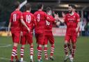 Sam Higgins of Hornchurch scores the third goal for his team and celebrates during Hornchurch vs Maidstone United, Buildbase FA Trophy Football at Hornchurch Stadium on 6th February 2021