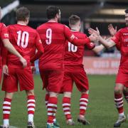 Sam Higgins of Hornchurch scores the third goal for his team and celebrates during Hornchurch vs Maidstone United, Buildbase FA Trophy Football at Hornchurch Stadium on 6th February 2021