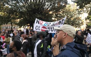 People protesting low-traffic measures outside Hackney Town Hall last year.