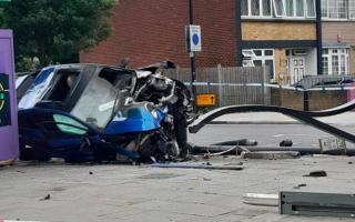 The car crashed into what appears to have been a bus stop in Chrisp Street