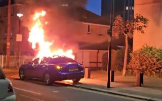 The blue Maserati was filmed alight on the corner of Roffey Street